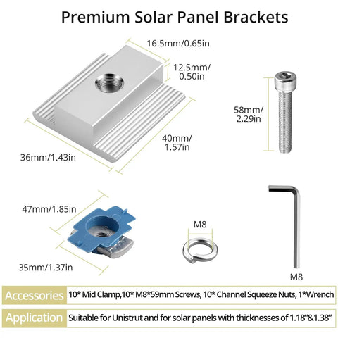Diagram showing components of 4 Piece Solar Panel Mid Clamps For Standard Unistrut 30mm 35mm Silver Easy Install.
