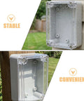 Top-Tier Waterproof Electrical Box Set With Abs Cover For Outdoor Security Modules And Internal Circuits To Keep Stuff Dry And Safe From Rain Sun Or Dust mounted on a wooden post with water droplets.