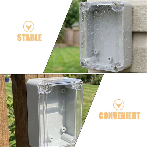 Top-Tier Waterproof Electrical Box Set With Abs Cover For Outdoor Security Modules And Internal Circuits To Keep Stuff Dry And Safe From Rain Sun Or Dust mounted on a wooden post with water droplets.