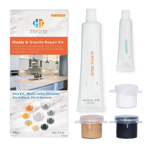 Marble Granite Repair Kit Pro Grade Color Match DIY Epoxy Resin Tint for countertops with resin, hardener, and color samples