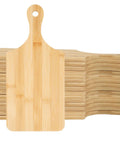 Front view of 25-pack bamboo cutting boards with handles; 11 x 5 inches, for cheese, bread, and fruit serving