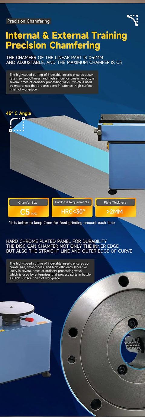 Workhorse High Speed Electric Arc Chamfering Machine Eats Through Iron Aluminum Copper And Steel At Ten Thousand Rpm, showing 45° angle chamfering on metal.