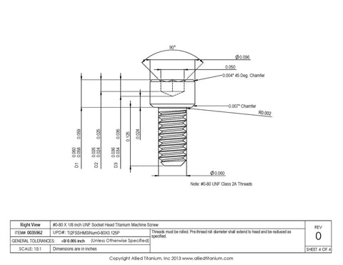 Professional Grade Hella Rugged Number Zero By Eighty Thread By One Eighth Inch Unf Socket Head Machine Screws dimensions drawing.