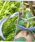 Two Piece Portable Reaping Hook For Gardening And Mowing Ergonomic Grip next to grass and a gourd stem being cut