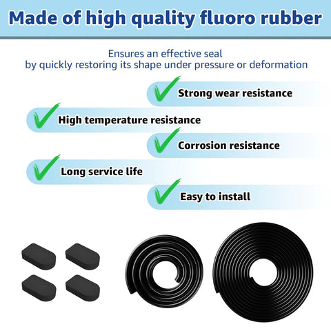 Bilco basement door weatherstrip kit components: U-shaped gasket, bulb trim gasket, four cap seal pads, and rubber seal coils.