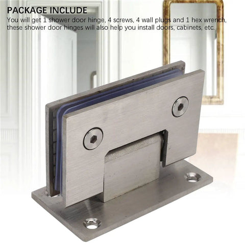 Heavy Duty Stainless Steel Glass Shower Door Hinges 90 Degree Fits 8 To 12mm Glass product with screws and wall plugs