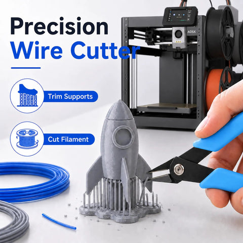 Top Shelf 3D Printer Tool Kit Featuring Slick Nozzle Cleaning Brushes And Heavy Duty Clog Poke Needles For Spotless Hotend Care. Precision wire cutter trimming supports on a 3D printed rocket.
