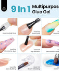 9 In 1 HEMA Free TPO Free Nail Glue Gel For Acrylic Tips And Clear Press On Nails Ultra Strong UV Nail Glue For Extensions DIY Long Lasting Nail Gel Kit showing multipurpose uses including nail glue, base coat, blooming gel, and more