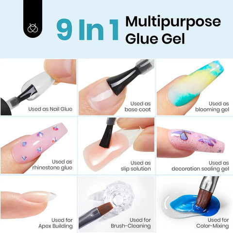 9 In 1 HEMA Free TPO Free Nail Glue Gel For Acrylic Tips And Clear Press On Nails Ultra Strong UV Nail Glue For Extensions DIY Long Lasting Nail Gel Kit showing multipurpose uses including nail glue, base coat, blooming gel, and more