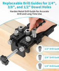 Self Centering Dowel Jig Kit With 1/4 3/8 1/2 Drill Bushings shows replaceable guides for precision wood joinery on a wood piece.