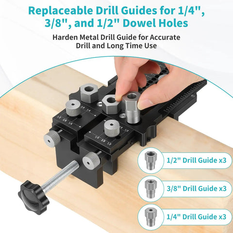 Self Centering Dowel Jig Kit With 1/4 3/8 1/2 Drill Bushings shows replaceable guides for precision wood joinery on a wood piece.