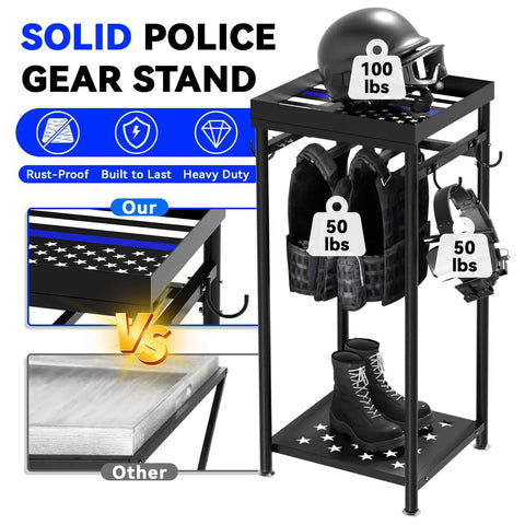 Heavy Duty Police Gear Stand With Four Strong Hangers For Handguns, Belts, Vests And Body Armor, Ideal Police Gift Black