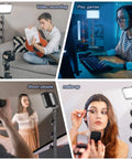 Two Pack LED Video Light Kit With Adjustable Tripod Stands used for video calls, gaming, photography, and makeup lighting.