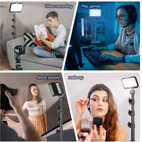 Two Pack LED Video Light Kit With Adjustable Tripod Stands used for video calls, gaming, photography, and makeup lighting.