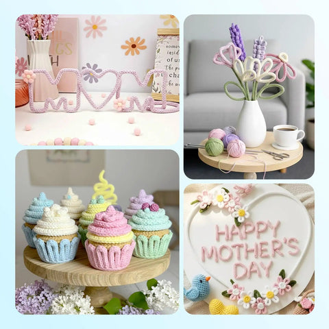DIY crafts using aluminum craft wire and acrylic yarn kit for beginners, featuring wire letters, flower vase, cupcakes, and decorative plaque.