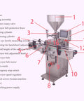Heavy Duty Automatic Paste And Liquid Filling Machine With Solid Servo Pneumatic Drive And Long Conveyor Belt showing filling assembly and controls.