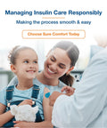 Family smiling during insulin injection, promoting U 100 Insulin Syringes 30 Gauge Five Sixteenth Inch Length 0.3cc Capacity.