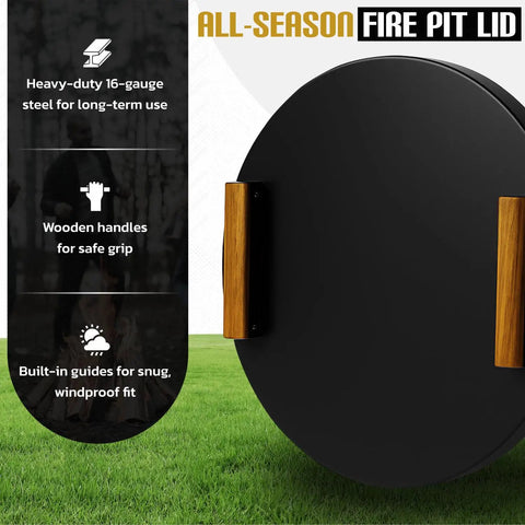 Smokeless Fire Pit Accessories Set For Outdoor Hangouts And Backyard Chill, 20 inch lid with wood handles on grass