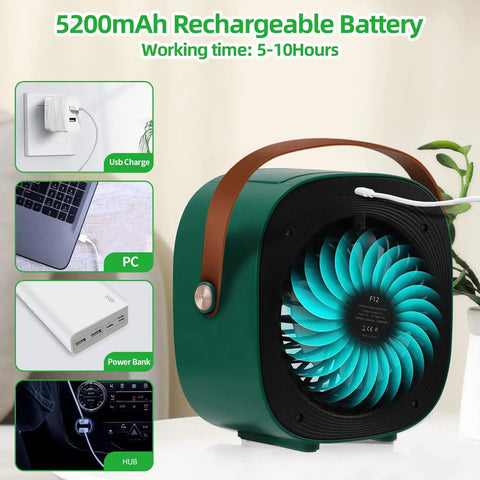 Rechargeable Portable Personal Air Cooler With 5200mAh Battery, 3 Speeds, Quiet Desk Cooling Fan, USB charge options visible
