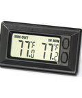 Smart digital car thermometer gauge, black housing with dual Fahrenheit readouts and side control buttons