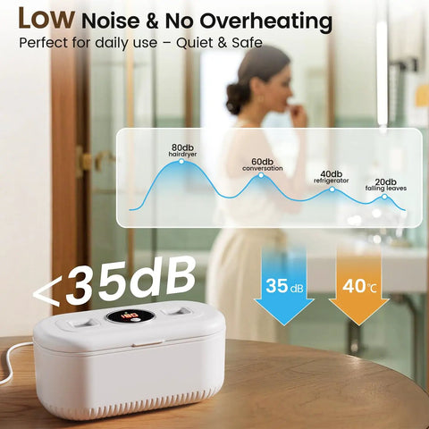 Heavy Duty Ultrasonic Jewelry Cleaner With 30W Output And 48KHz Waves To Crush Embedded Grime on wooden table showing low noise level.
