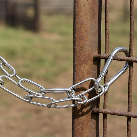 Chain Link Gate Latch with Double Carabiner Ends Stainless Steel securing a rusted gate with metal chain links.