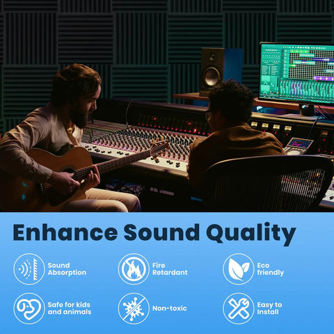 Musicians in recording studio with Premium High Density Sound Proof Foam Panels 80 Pack Wedge Acoustic Wall Tiles enhancing sound quality.
