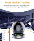 Indoor Security Camera 1080P HD WiFi 2.4G Only With 360 Degree View showing smart motion tracking feature with app interface