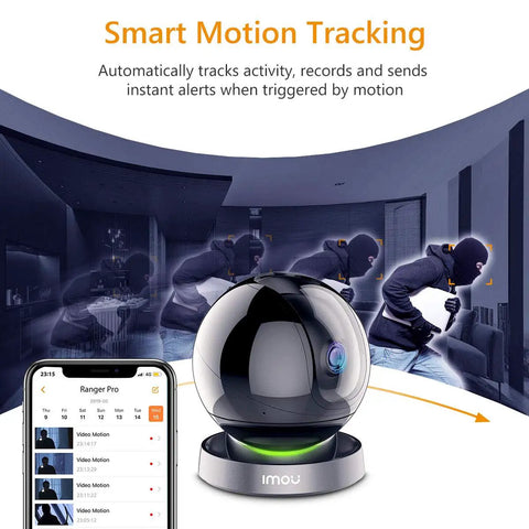 Indoor Security Camera 1080P HD WiFi 2.4G Only With 360 Degree View showing smart motion tracking feature with app interface