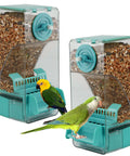 Slick Gravity Feed Bird Feeder Two Pack Clear Acrylic Seed Jar with birds feeding, bright blue design, and hassle-free drop system.