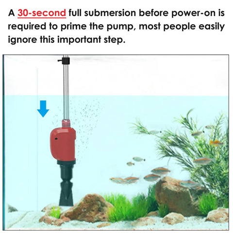 36W Electric Gravel Cleaner For Aquariums The Real Deal Automatic Fish Tank Vacuum submerged in aquarium for priming pump.