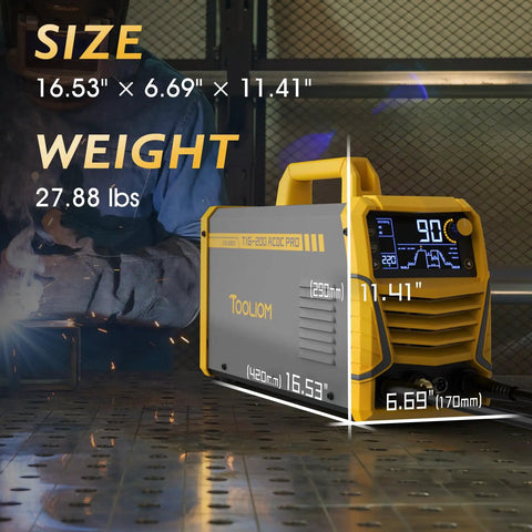 Beast Mode Six In One 200A AC DC TIG Welder With Pulse Dual Voltage 110V 220V IGBT Inverter, size and weight details displayed
