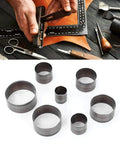 Leather Hole Punch Die Set 7 Piece Round Cutter Kit For Handmade DIY Leather Craft Includes Cutting Dies In 20mm 25mm 30mm 35mm 40mm 45mm And 50mm Hollow Cutter For Precise Round Holes with tools on workspace