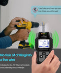 High Precision Wall Scanner Plus Metal Detector locates live cables while user drills into a wall.
