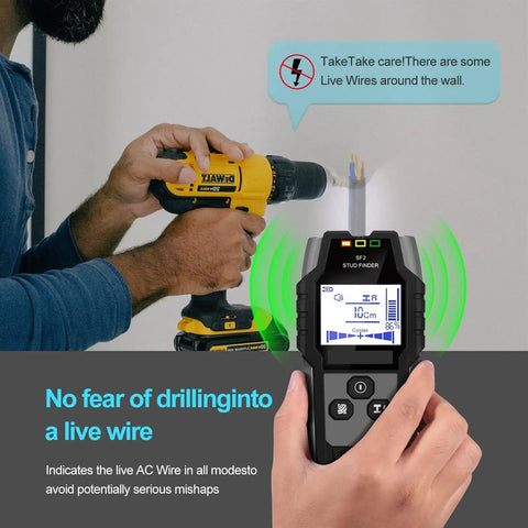 High Precision Wall Scanner Plus Metal Detector locates live cables while user drills into a wall.