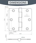 Dimensions diagram of Matte Black Interior Door Hinges Set Three And A Half Inch Iron Hinges With One Quarter Inch Radius