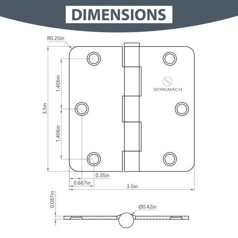 Dimensions diagram of Top Shelf Matte Black Interior Door Hinges 3 1/2 Inch 1/4 Radius Flat Iron Hardware 12 Pack.