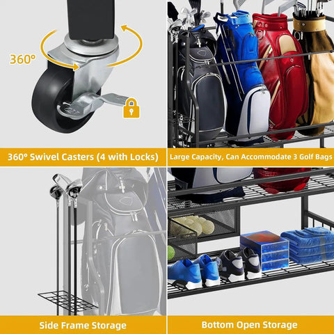 Golf Bag Storage Organizer With Wheels For Garage And Shed Holds Up To Four Bags 24 Clubs Drawer For Balls And Accessories