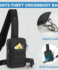 Anti Theft Crossbody Sling Bag With Lockable Zipper And RFID Blocking Pocket, front and side view showing lock and pocket