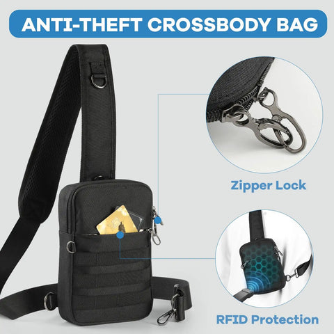 Anti Theft Crossbody Sling Bag With Lockable Zipper And RFID Blocking Pocket, front and side view showing lock and pocket