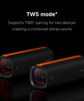 Boom Out Loud Party Bluetooth Speaker 50W Power, Waterproof Portable Wireless Audio, 26 Hour Playtime For Outdoor Ragers Sync Up To 100 Units Super Cool Design showing TWS pairing capability.