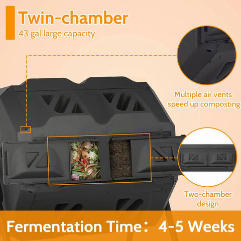 Dual Chamber Tumbling Composter With 43 Gallon Capacity 360 Degree Spin BPA Free Garden Bin showing twin-chamber design