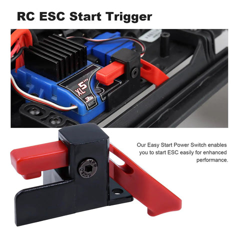 Close-up of Easy Start ESC Trigger Power Switch for Traxxas TRX-4 1/10 RC Trail Crawler, shown with quick start button in plastic.