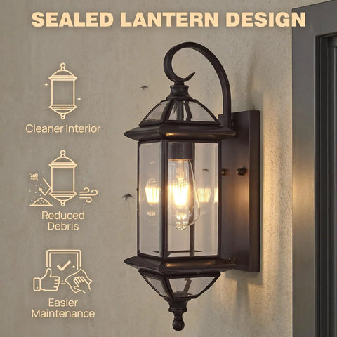Solid Copper Outdoor Wall Light With Oil Rubbed Bronze Finish, 18.5 Inch Porch Lantern, Clear Beveled Glass, mounted on wall