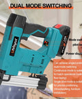 Cordless Brad Nailer And Staple Gun Combo Leveraging 21V Battery shows dual mode switch and power display for carpentry use.