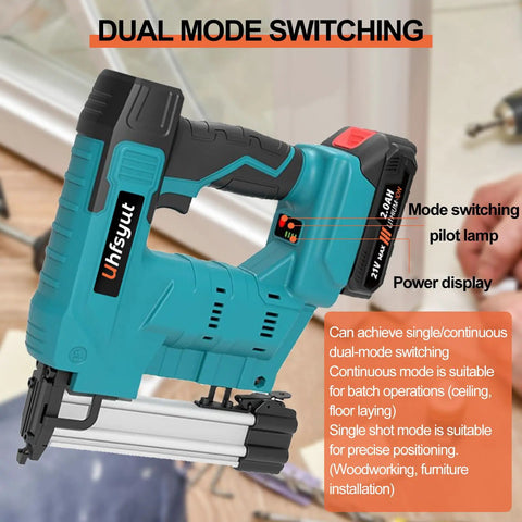 Cordless Brad Nailer And Staple Gun Combo Leveraging 21V Battery shows dual mode switch and power display for carpentry use.