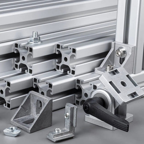 Industrial aluminum extrusion frame with connectors and gussets, including Beefy Inside Corner Bracket Gusset for 8080 Aluminum Extrusion.