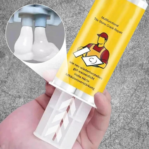 Fast Setting Tile Repair Kit For Cracked Tiles And Stone Surfaces No-Fuss Quick-Drying Glue in hand, dual nozzle close-up