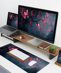 Pink Flower Extended Gaming Mouse Pad XL With Non Slip Base And Stitched Edges, 11.8 x 31.5 inches, with a keyboard and mouse