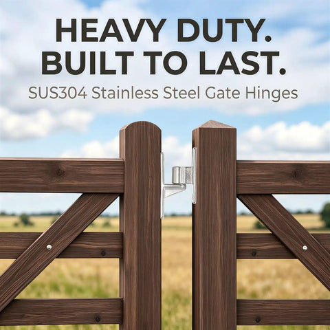 Beefy Heavy Duty Gate Hinges Set, 304 Stainless Steel, Five Eighth Inch Pin, Wall Mount, One Piece Casting, 600 Lb Capacity, Includes Two Female And Two Male Hinges For Farm Ranch Fence Garden Barn Shed Warehouse on wooden gate